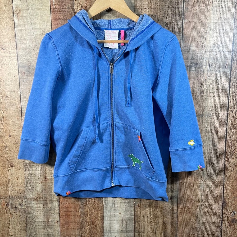Y2K Victoria's Secret PINK Blue Zip Hoodie 3/4 Sleeve Embroidered Flowers Dog L